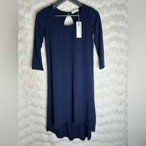 Mododoc LA Navy Knit Swing Dress 3/4 Sleeve Keyhole Back Small